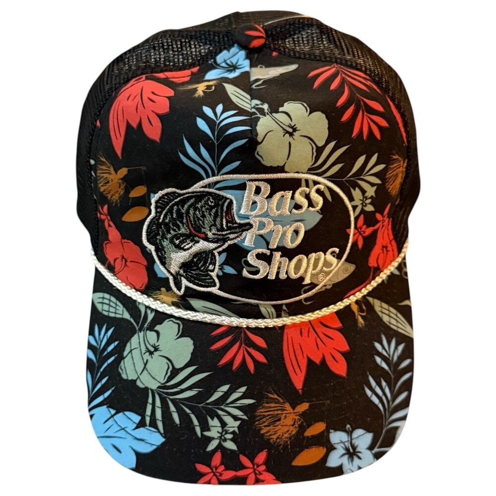 Bass Pro Shops Floral Rope Trucker Hat Youth OSFM Snapback Black Mesh NWT New